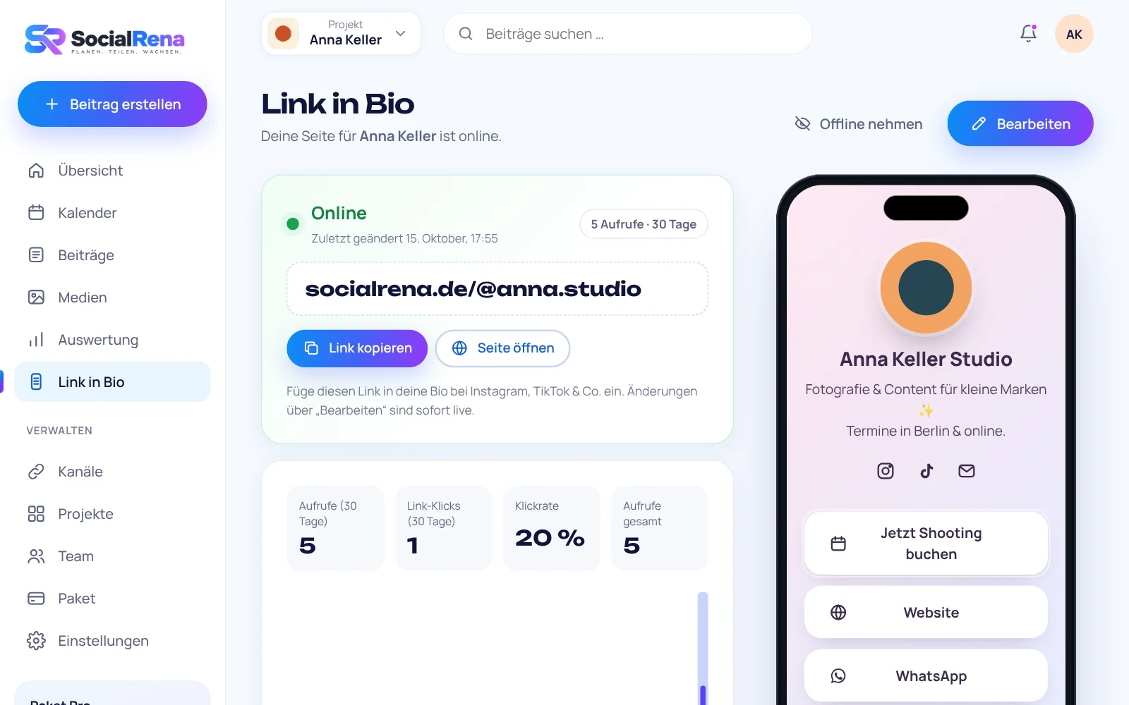SocialRena paneli: Link in Bio