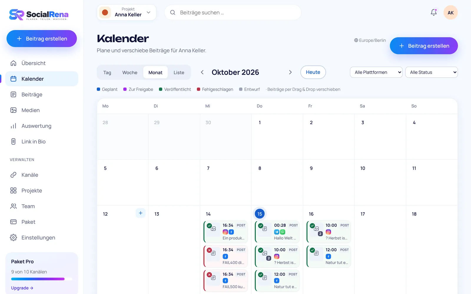 SocialRena dashboard: calendar