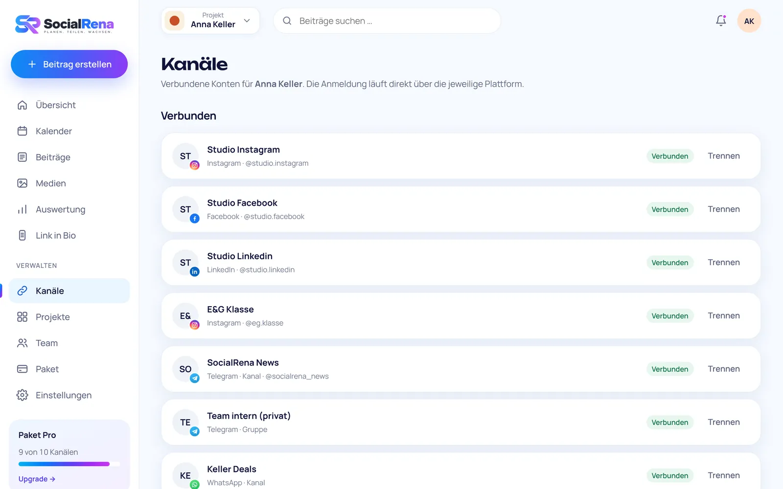 SocialRena paneli: kanallar